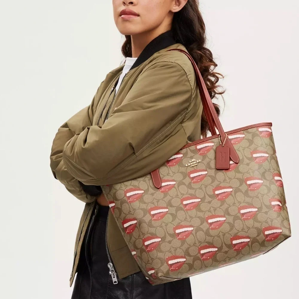 Coach Tom Wesselmann City Tote Bag Signature Canvas Smile Mouth Lips Teeth Print